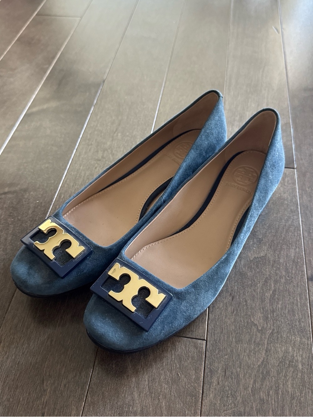 Tory Burch Slate Blue Suede Logo Ballet Flats